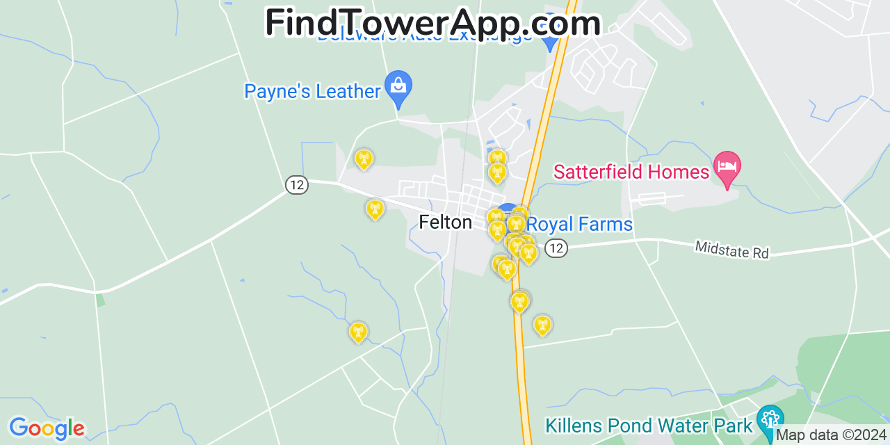 AT&T 4G/5G cell tower coverage map Felton, Delaware