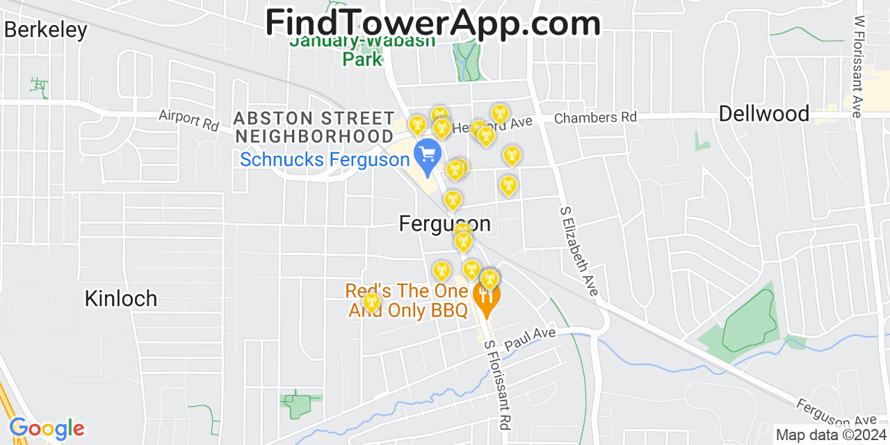 AT&T 4G/5G cell tower coverage map Ferguson, Missouri