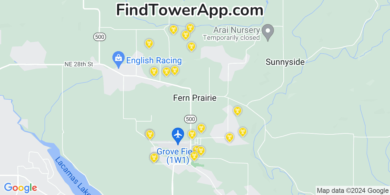 AT&T 4G/5G cell tower coverage map Fern Prairie, Washington