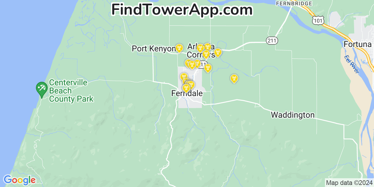 AT&T 4G/5G cell tower coverage map Ferndale, California