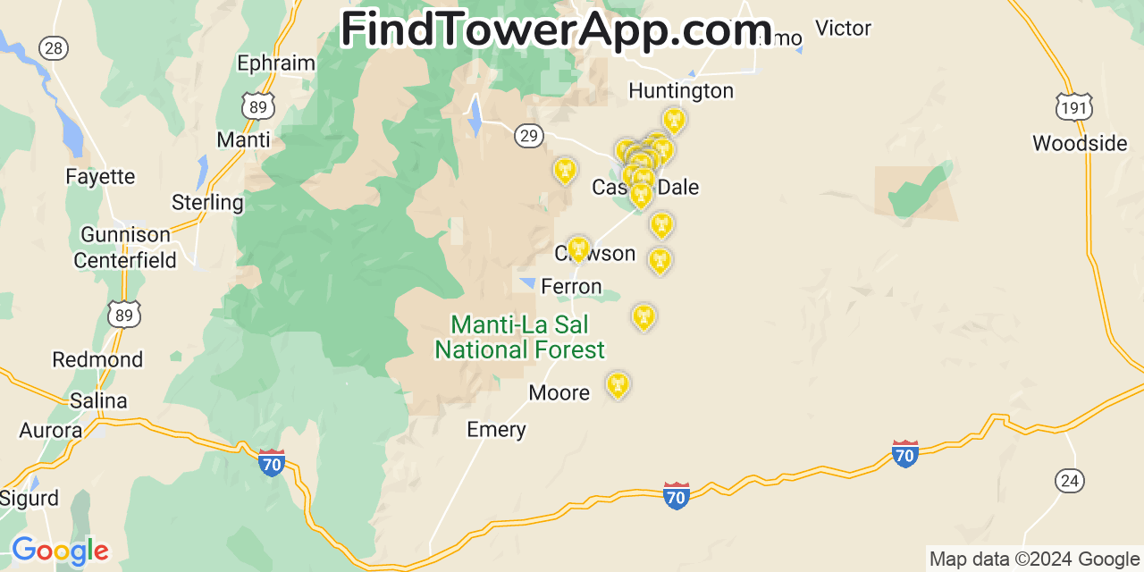 AT&T 4G/5G cell tower coverage map Ferron, Utah