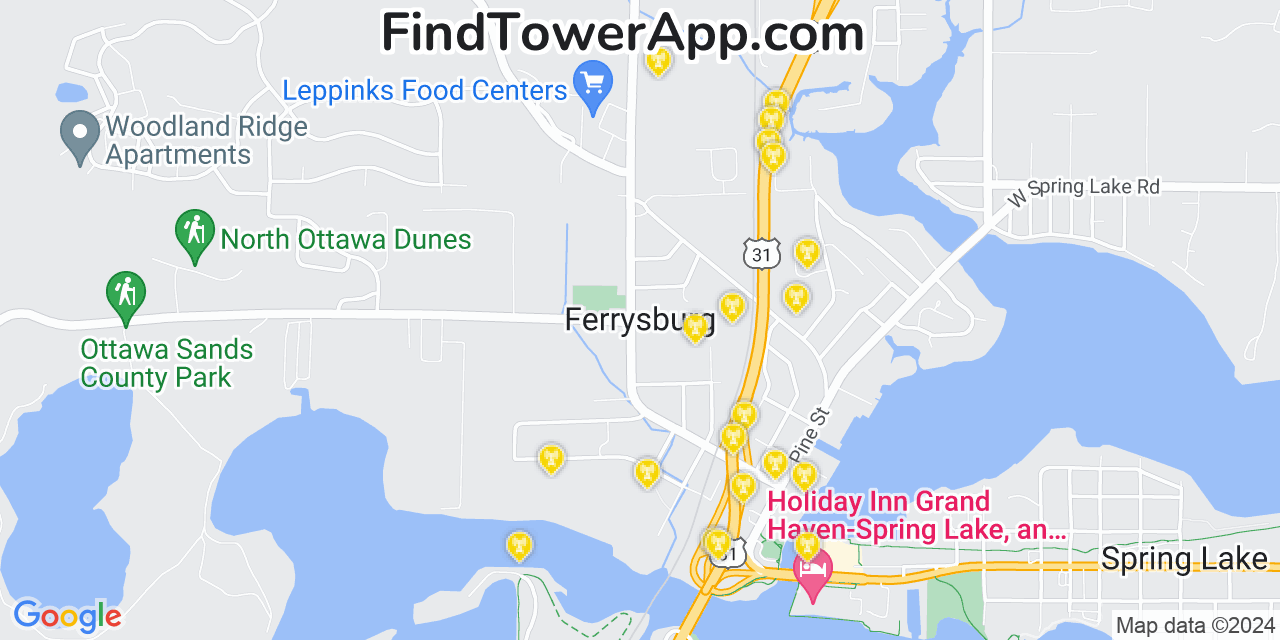 AT&T 4G/5G cell tower coverage map Ferrysburg, Michigan