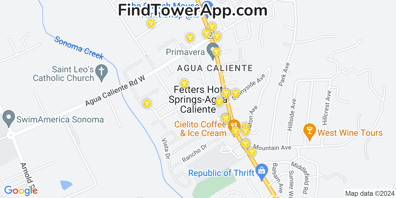 AT&T 4G/5G cell tower coverage map Fetters Hot Springs Agua Caliente, California