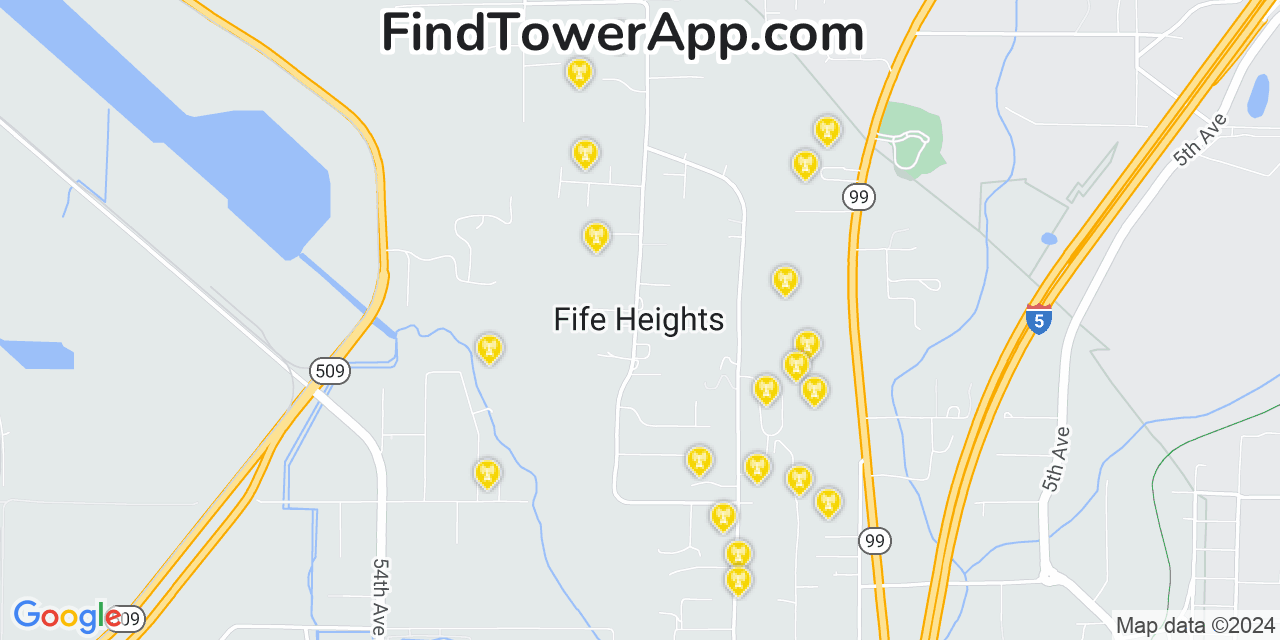 AT&T 4G/5G cell tower coverage map Fife Heights, Washington