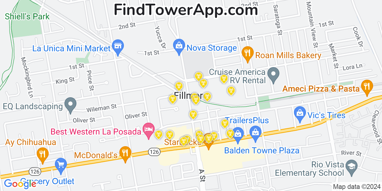AT&T 4G/5G cell tower coverage map Fillmore, California