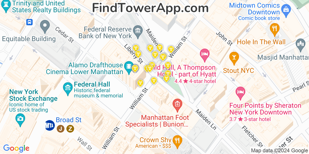 AT&T 4G/5G cell tower coverage map Financial District, New York