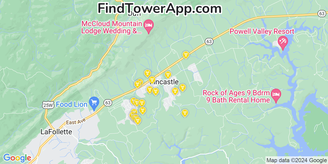 AT&T 4G/5G cell tower coverage map Fincastle, Tennessee