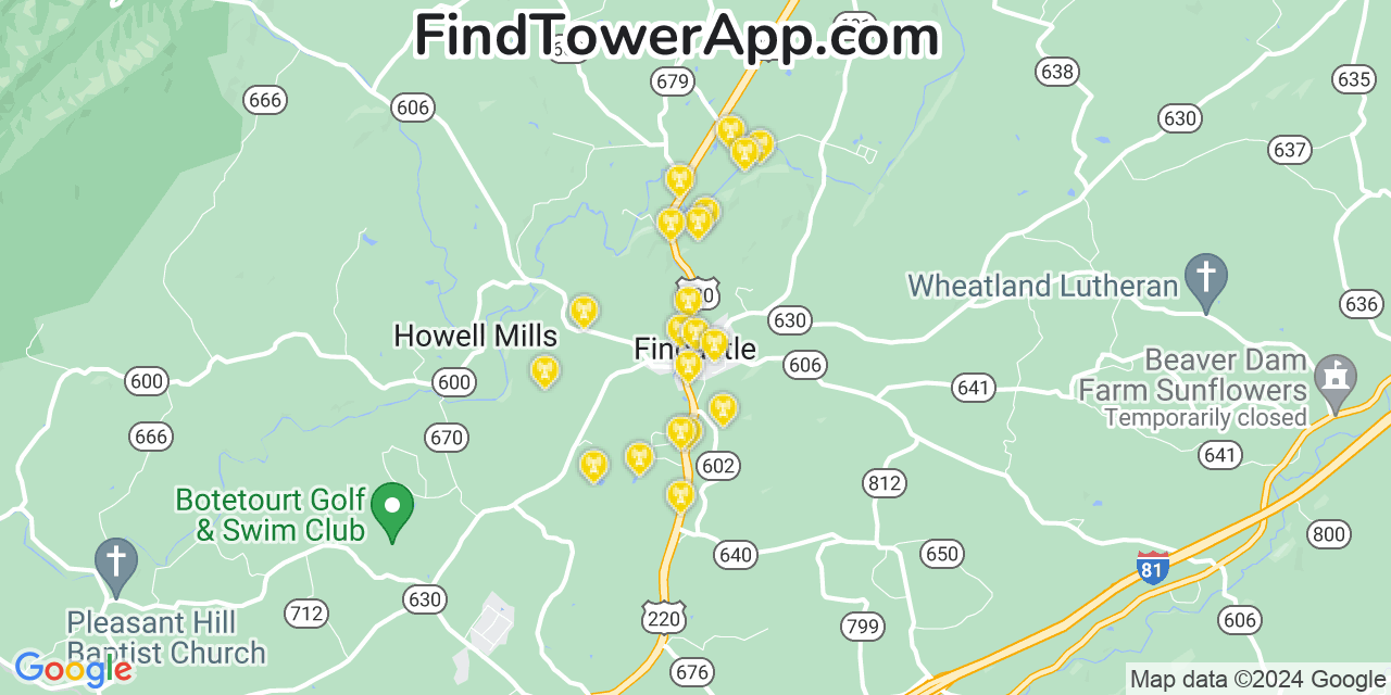 AT&T 4G/5G cell tower coverage map Fincastle, Virginia