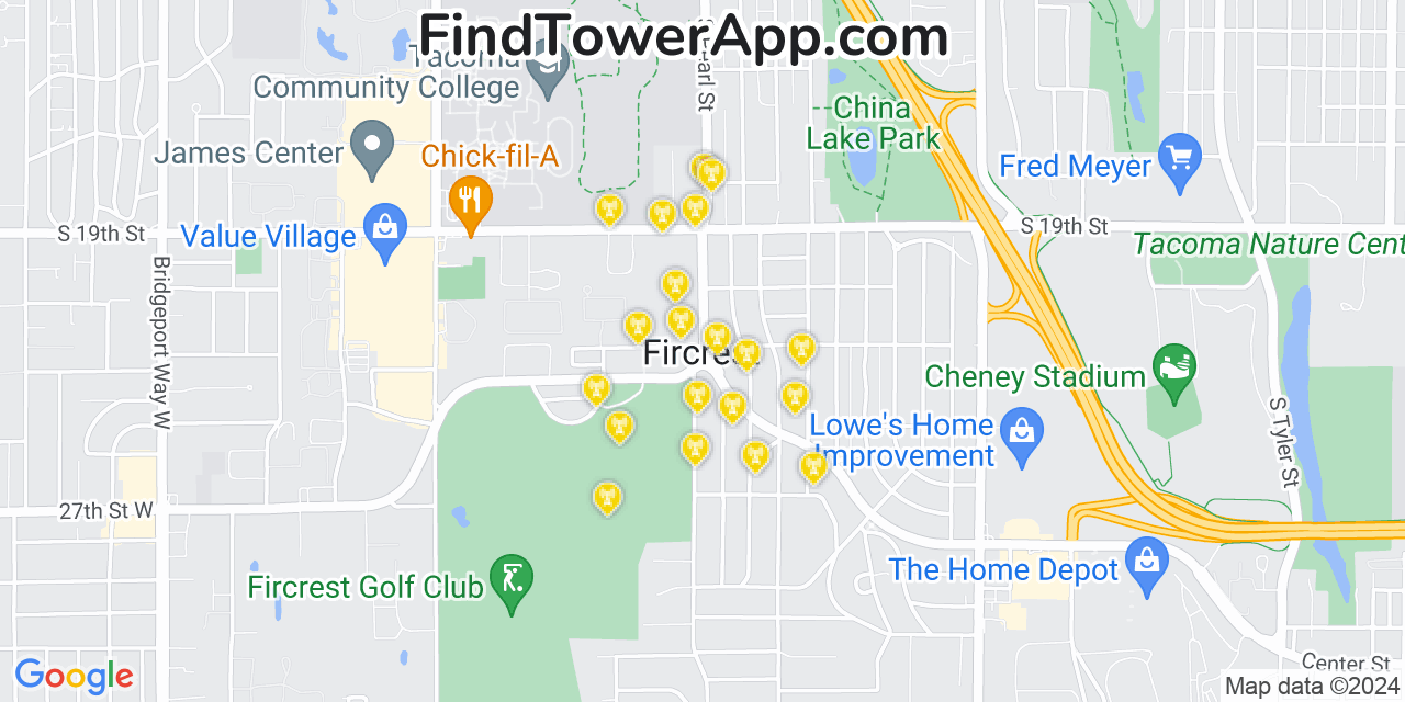 AT&T 4G/5G cell tower coverage map Fircrest, Washington