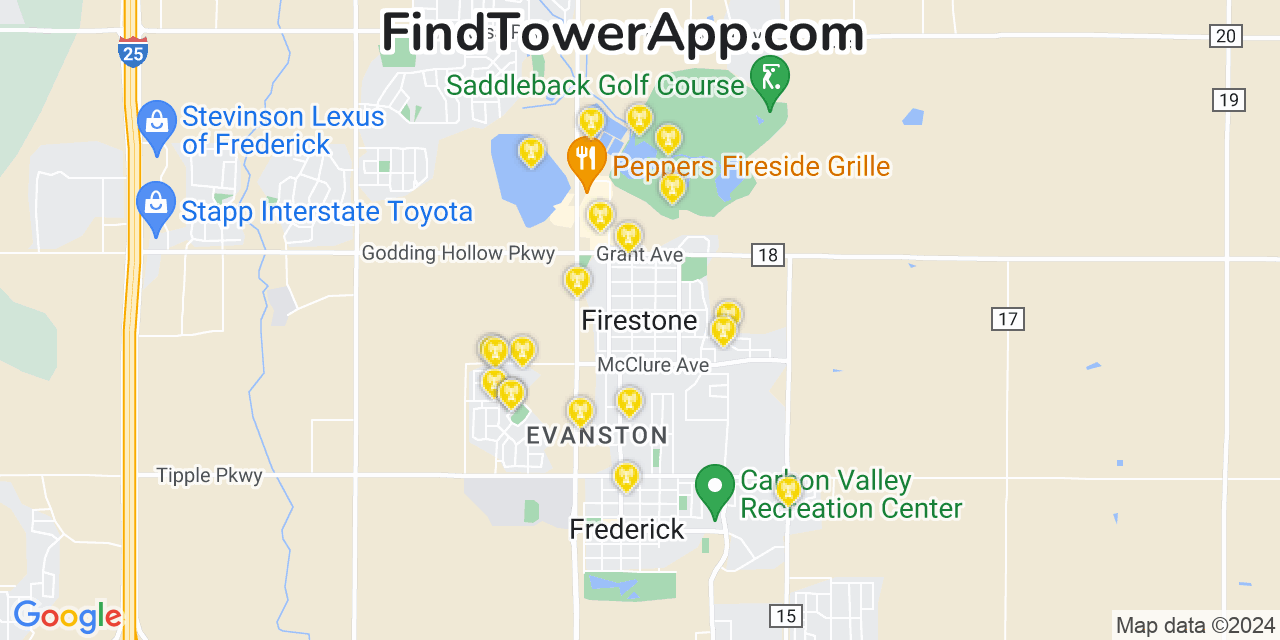 AT&T 4G/5G cell tower coverage map Firestone, Colorado