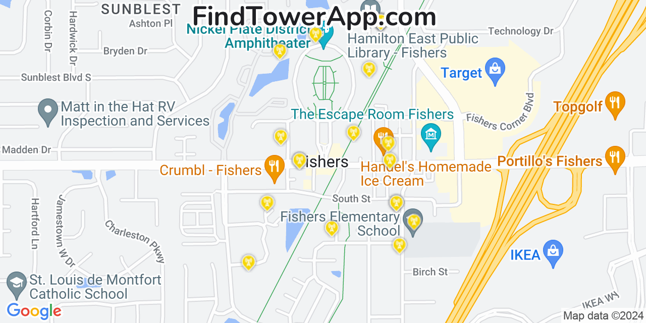 AT&T 4G/5G cell tower coverage map Fishers, Indiana