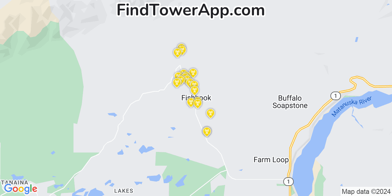 AT&T 4G/5G cell tower coverage map Fishhook, Alaska