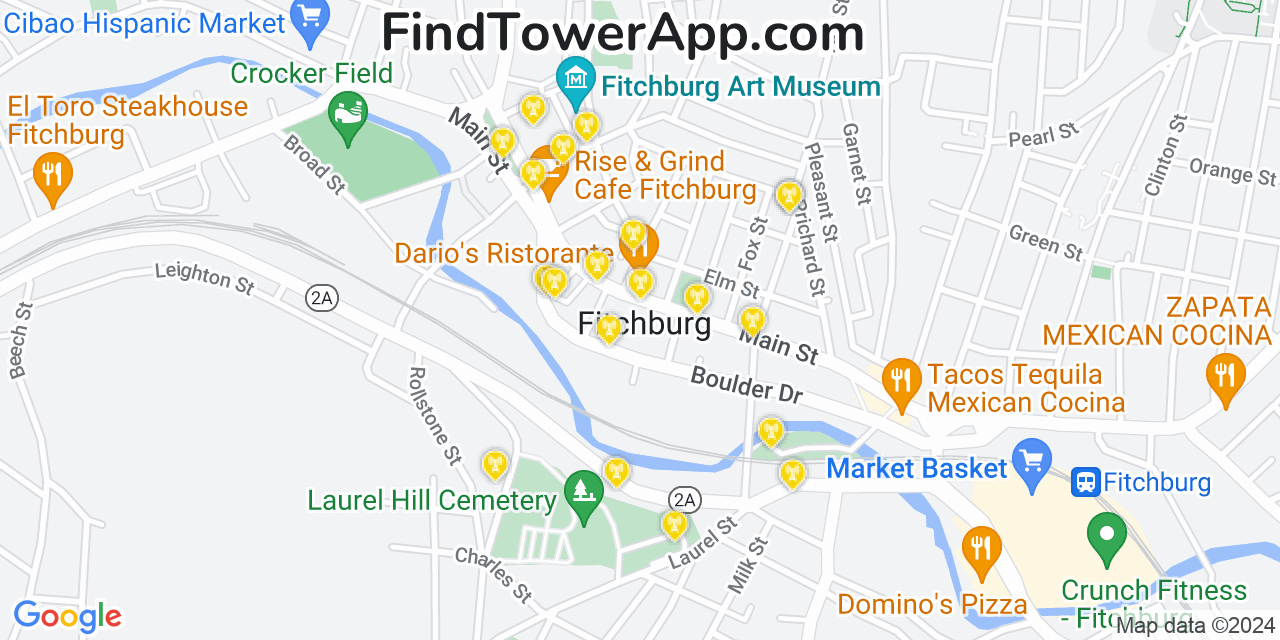 AT&T 4G/5G cell tower coverage map Fitchburg, Massachusetts