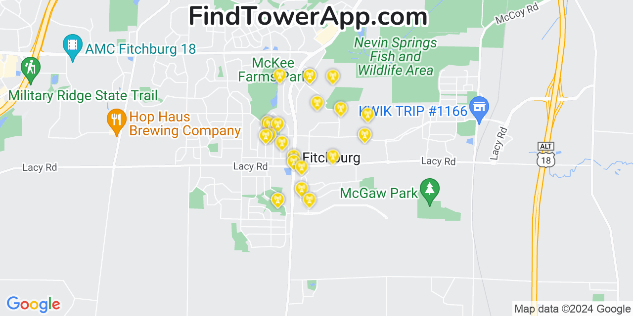 AT&T 4G/5G cell tower coverage map Fitchburg, Wisconsin