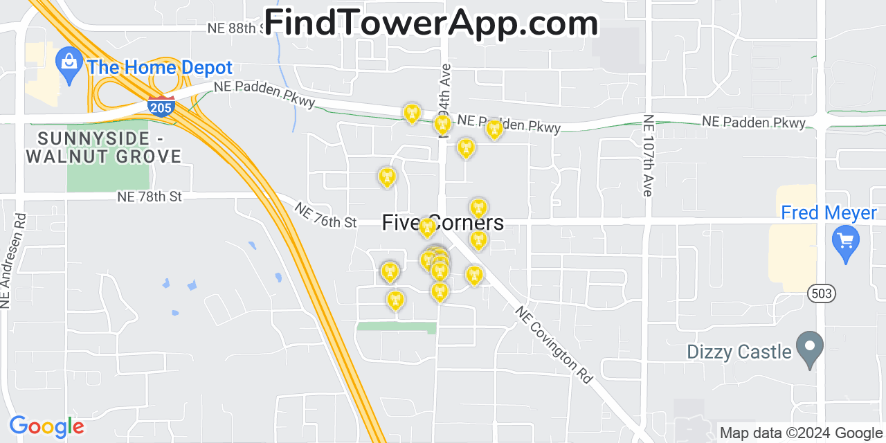 AT&T 4G/5G cell tower coverage map Five Corners, Washington