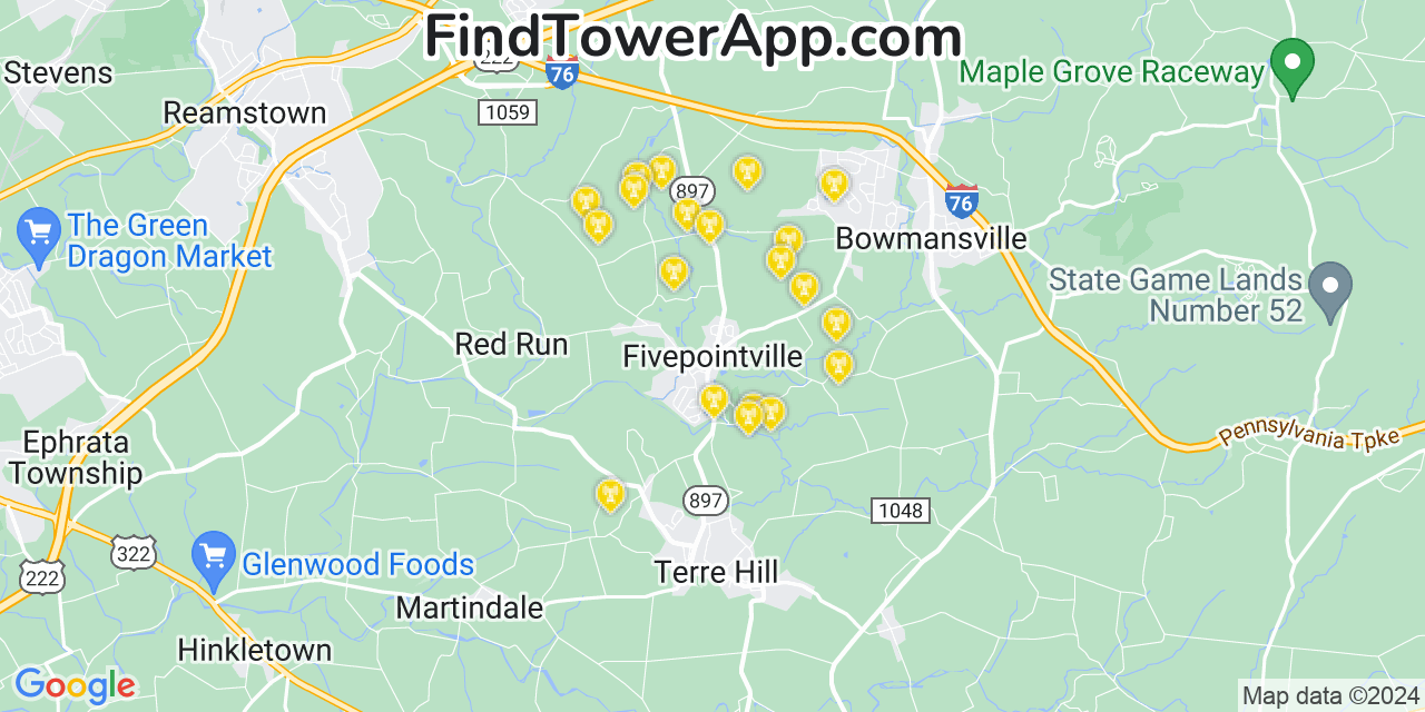 AT&T 4G/5G cell tower coverage map Fivepointville, Pennsylvania