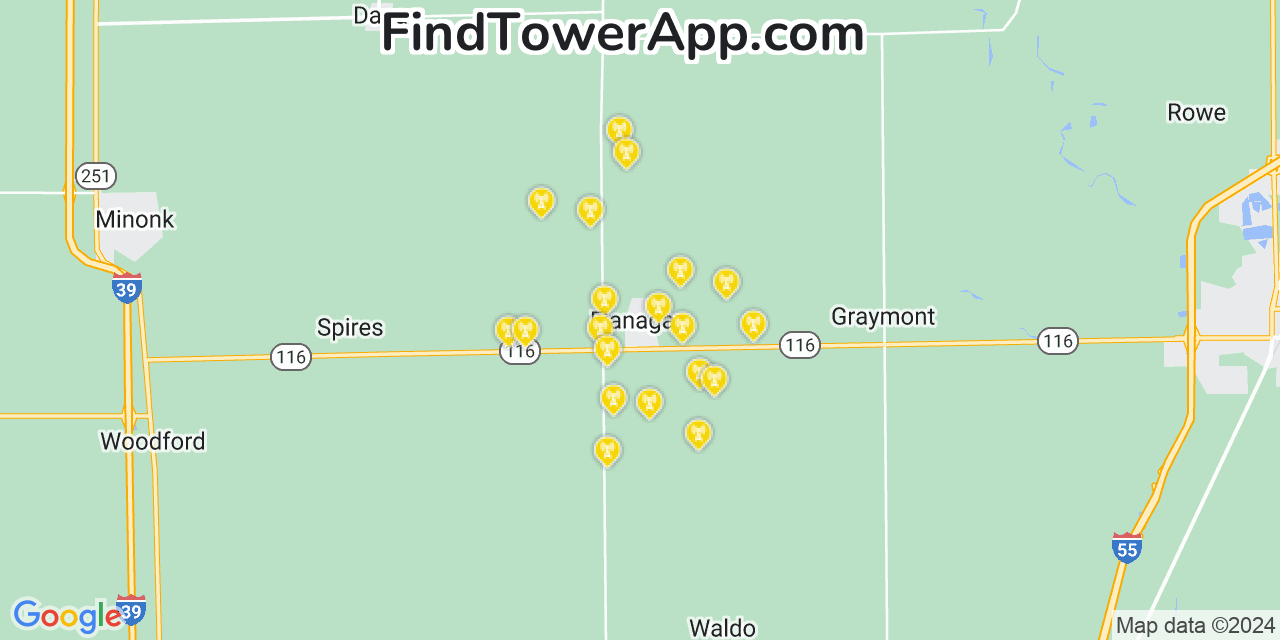 AT&T 4G/5G cell tower coverage map Flanagan, Illinois