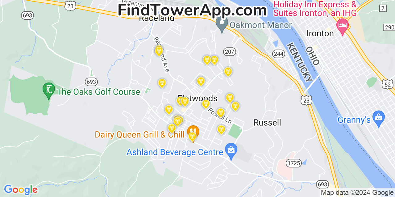 AT&T 4G/5G cell tower coverage map Flatwoods, Kentucky