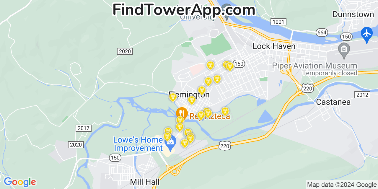 AT&T 4G/5G cell tower coverage map Flemington, Pennsylvania