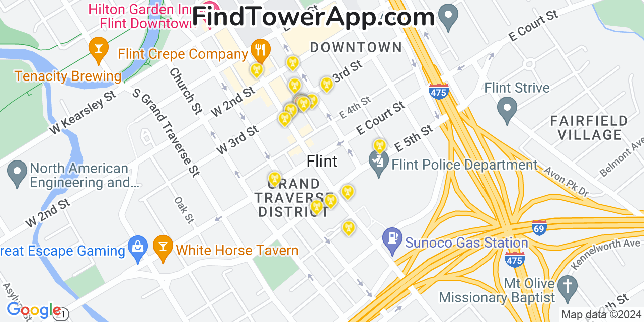 AT&T 4G/5G cell tower coverage map Flint, Michigan