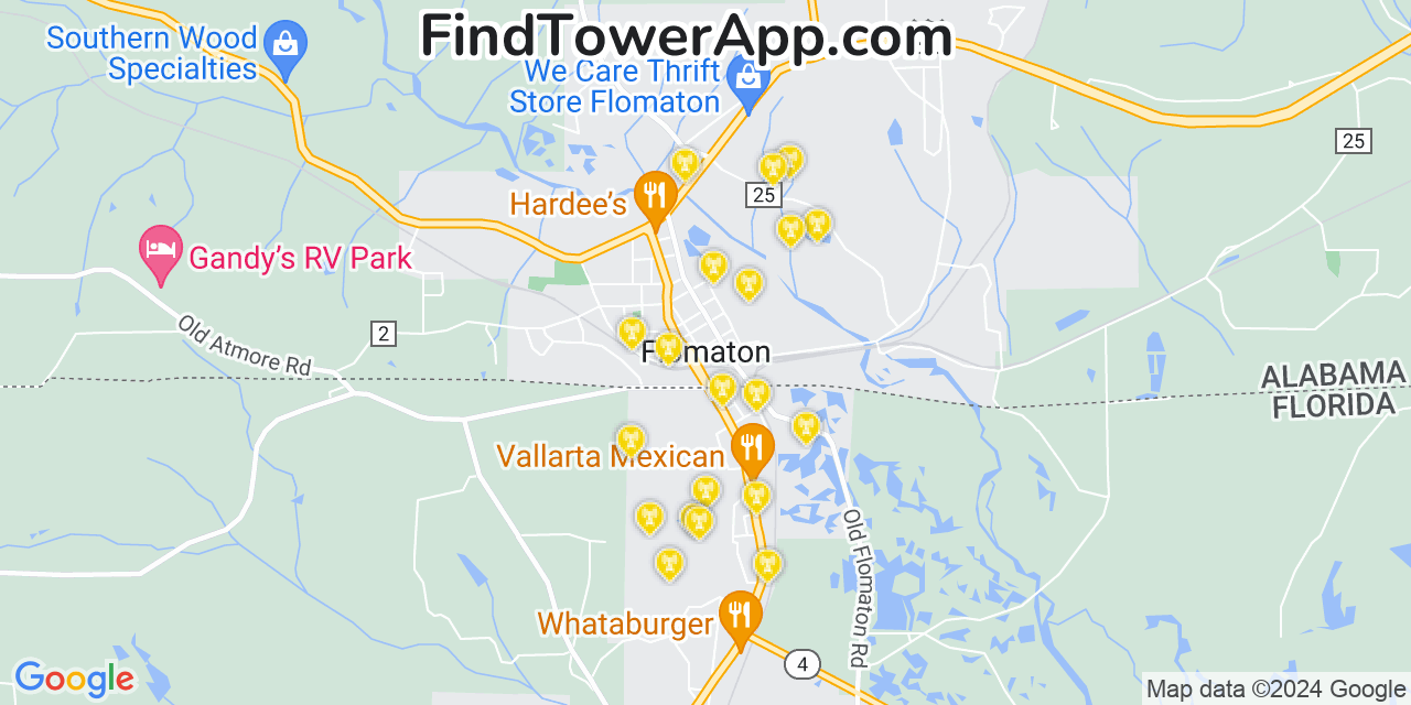 AT&T 4G/5G cell tower coverage map Flomaton, Alabama