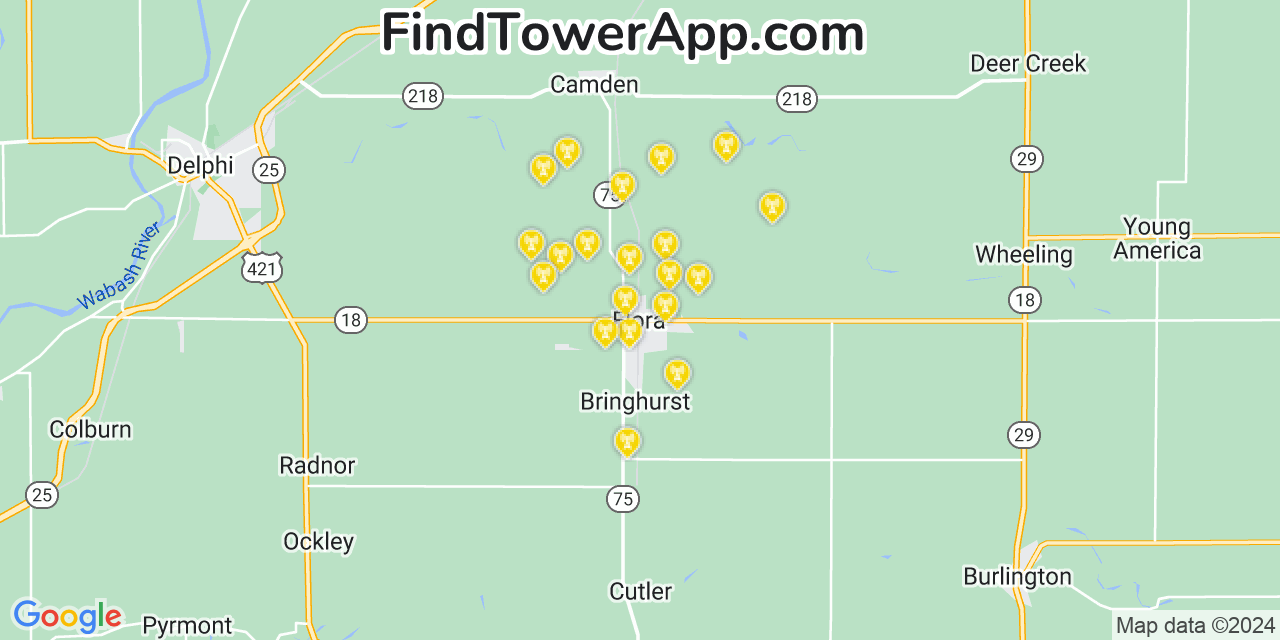 AT&T 4G/5G cell tower coverage map Flora, Indiana