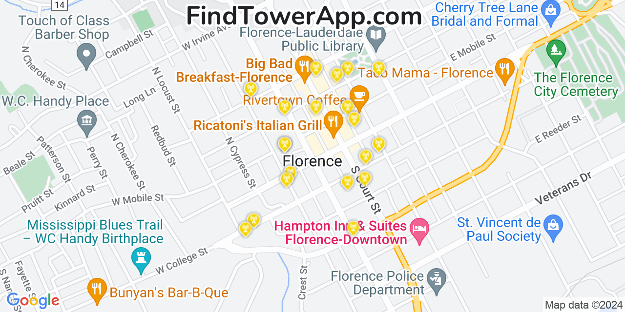 AT&T 4G/5G cell tower coverage map Florence, Alabama