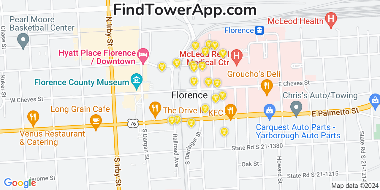AT&T 4G/5G cell tower coverage map Florence, South Carolina