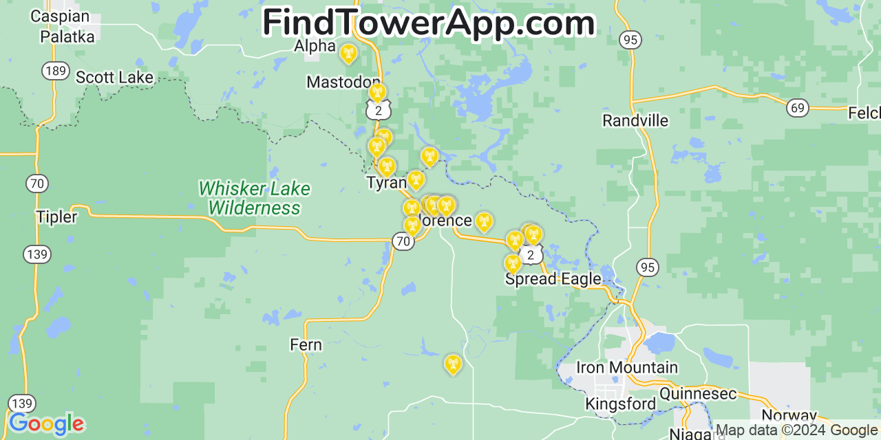 AT&T 4G/5G cell tower coverage map Florence, Wisconsin