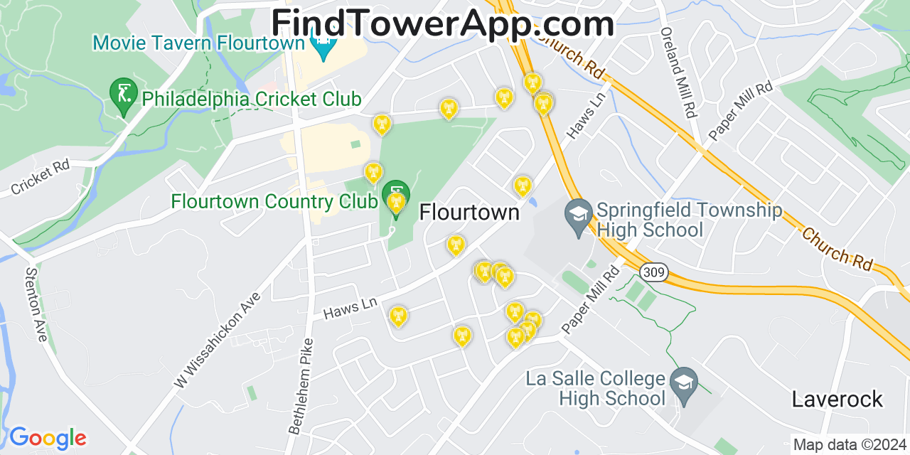 AT&T 4G/5G cell tower coverage map Flourtown, Pennsylvania