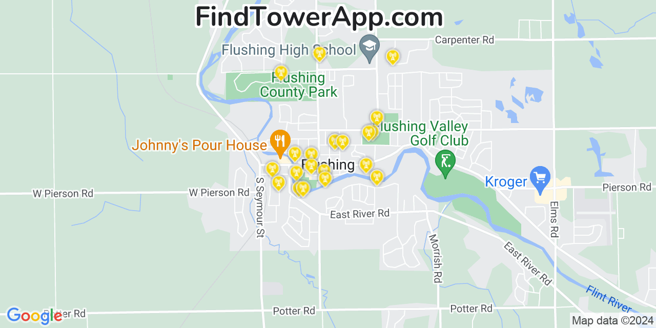 AT&T 4G/5G cell tower coverage map Flushing, Michigan