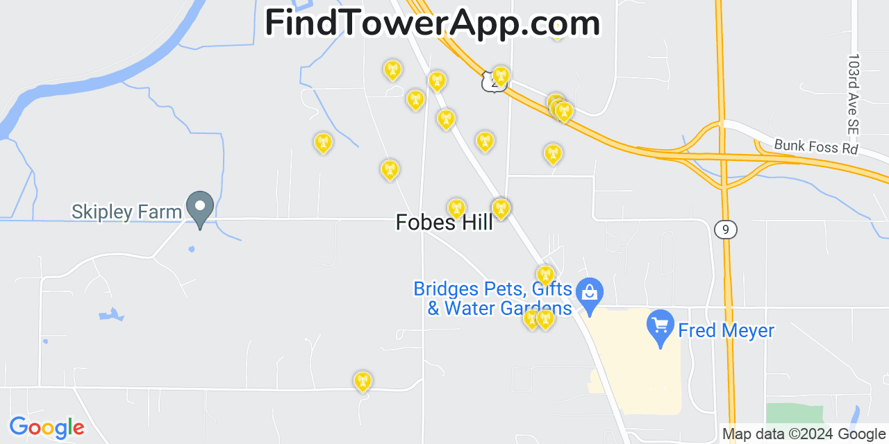 AT&T 4G/5G cell tower coverage map Fobes Hill, Washington