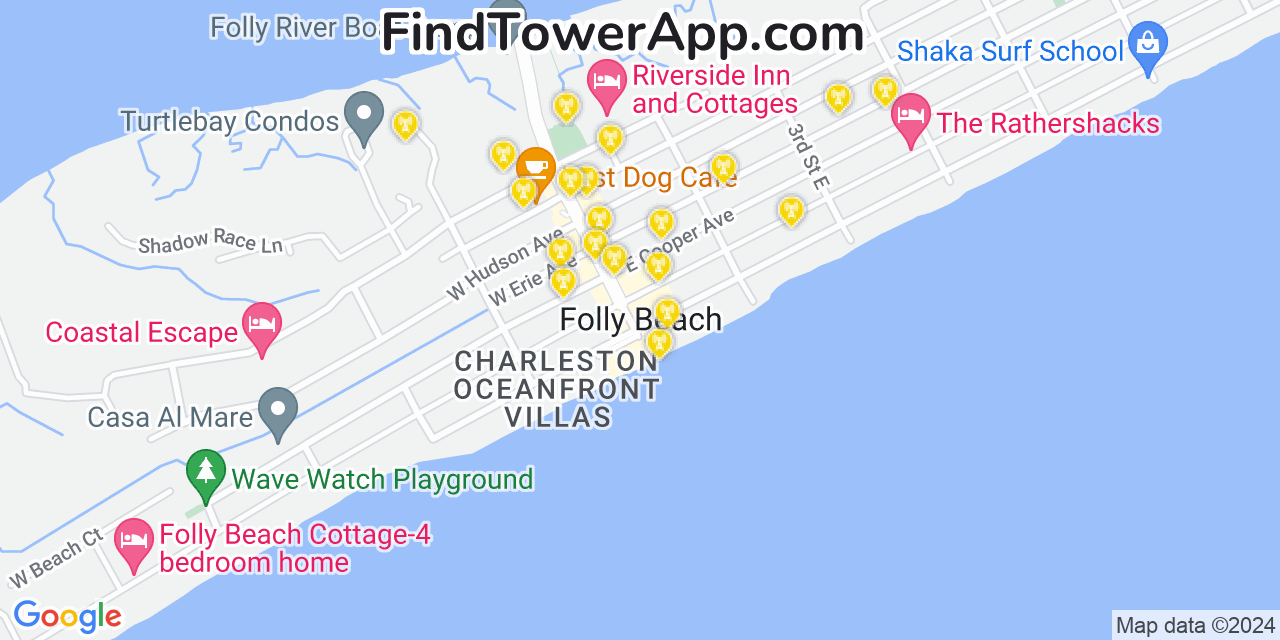 AT&T 4G/5G cell tower coverage map Folly Beach, South Carolina