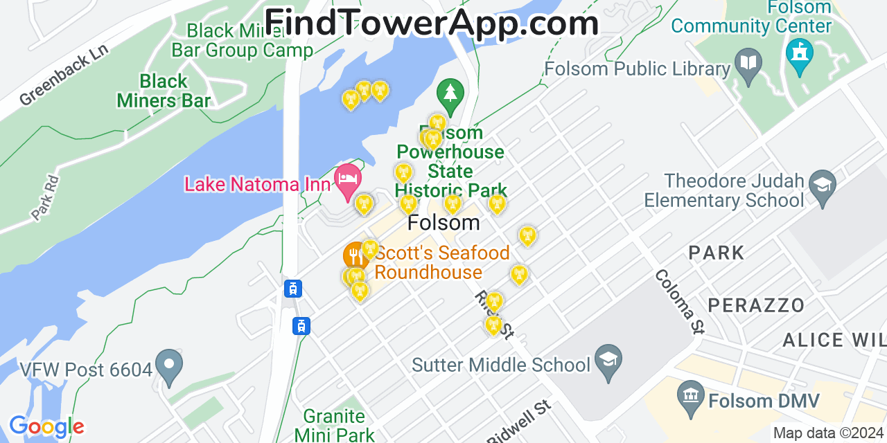 AT&T 4G/5G cell tower coverage map Folsom, California