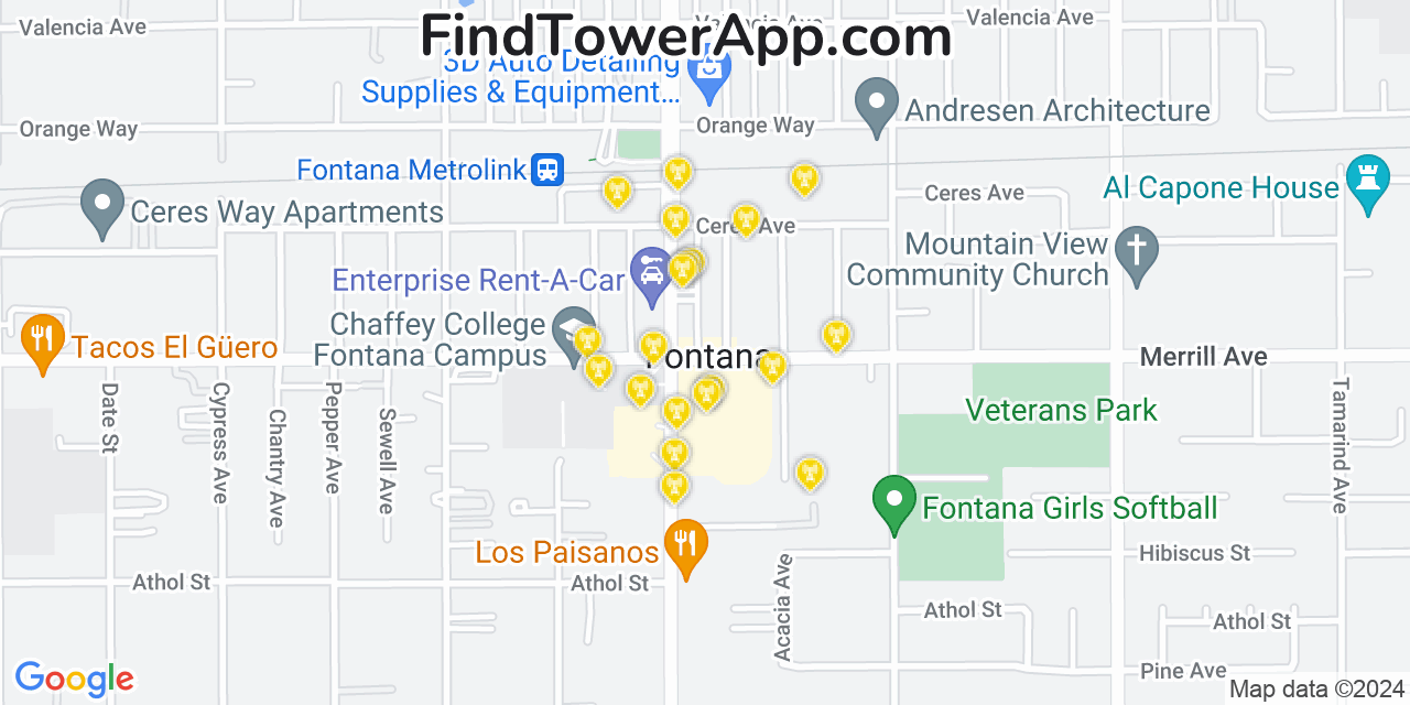 AT&T 4G/5G cell tower coverage map Fontana, California