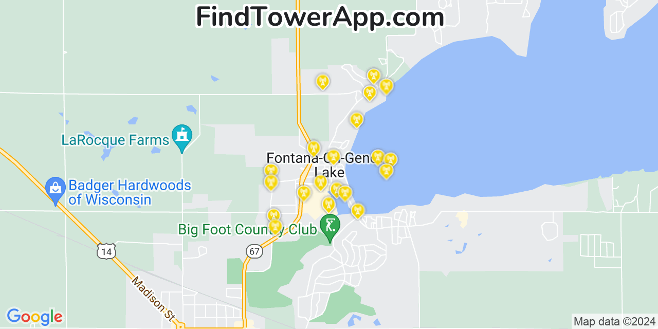 AT&T 4G/5G cell tower coverage map Fontana, Wisconsin