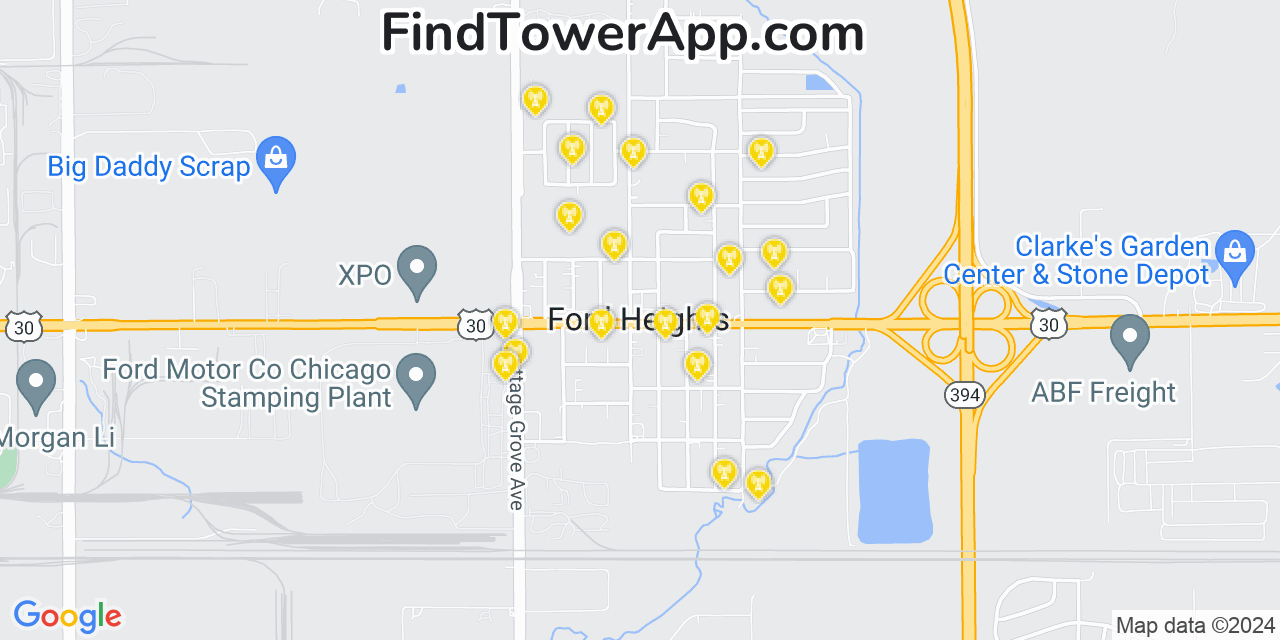 AT&T 4G/5G cell tower coverage map Ford Heights, Illinois