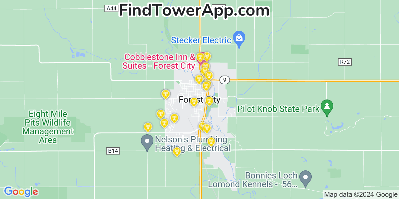 AT&T 4G/5G cell tower coverage map Forest City, Iowa