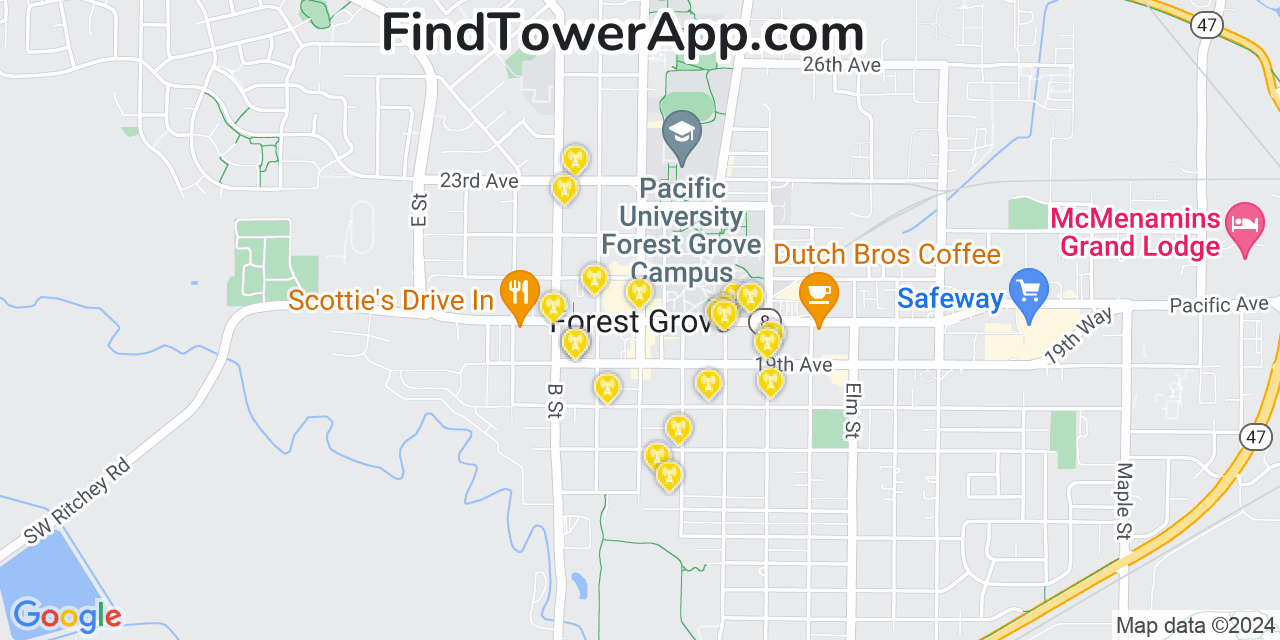 AT&T 4G/5G cell tower coverage map Forest Grove, Oregon