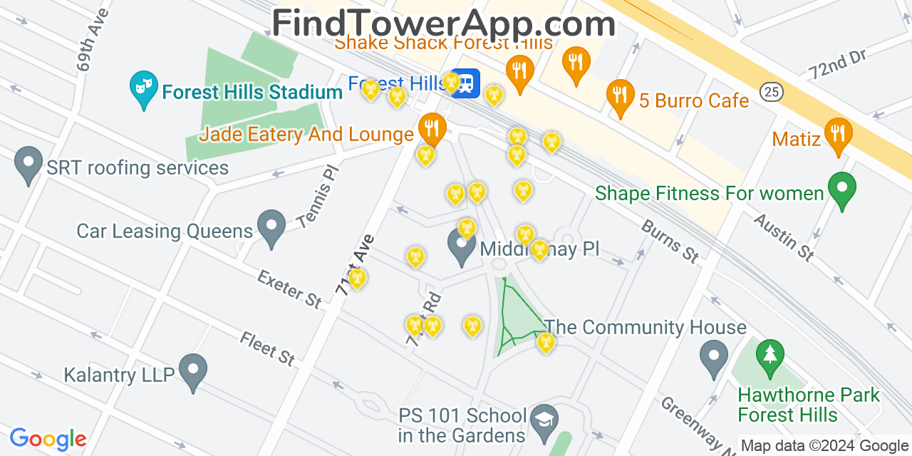 AT&T 4G/5G cell tower coverage map Forest Hills, New York