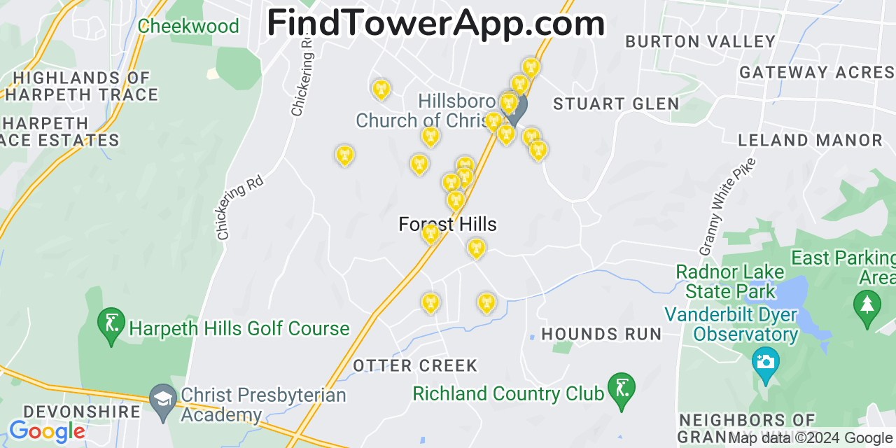 AT&T 4G/5G cell tower coverage map Forest Hills, Tennessee