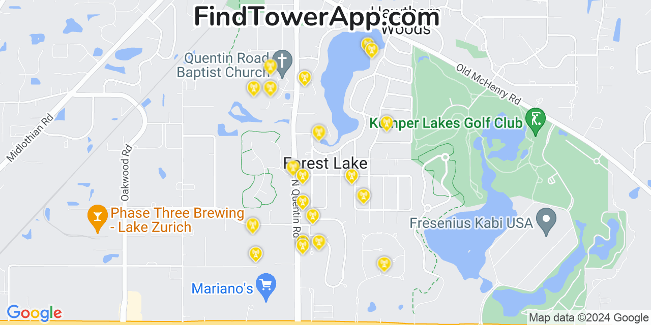 AT&T 4G/5G cell tower coverage map Forest Lake, Illinois