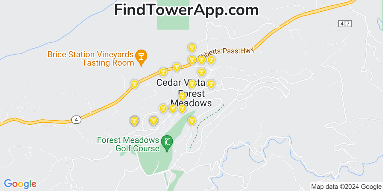 AT&T 4G/5G cell tower coverage map Forest Meadows, California