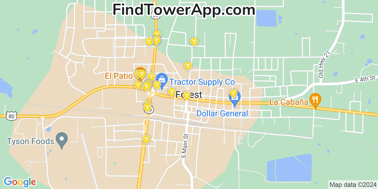 AT&T 4G/5G cell tower coverage map Forest, Mississippi