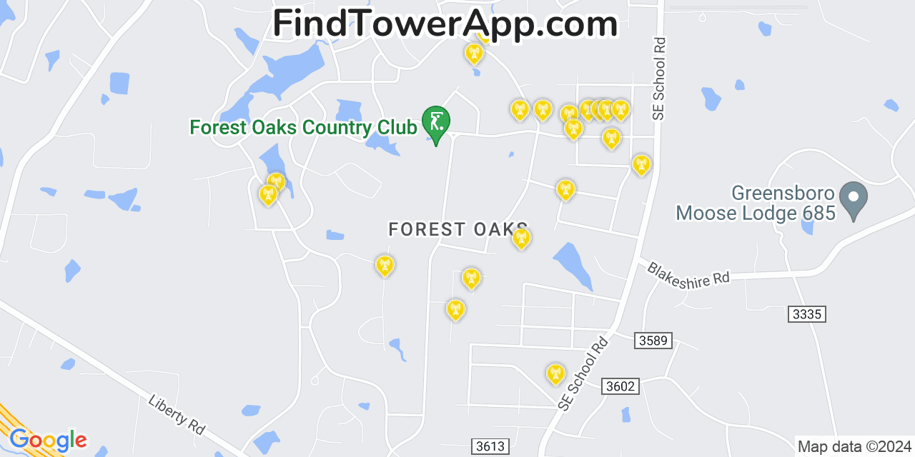 AT&T 4G/5G cell tower coverage map Forest Oaks, North Carolina