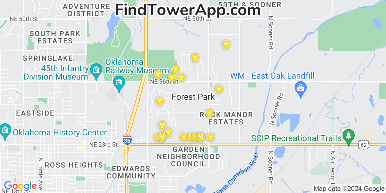 AT&T 4G/5G cell tower coverage map Forest Park, Oklahoma