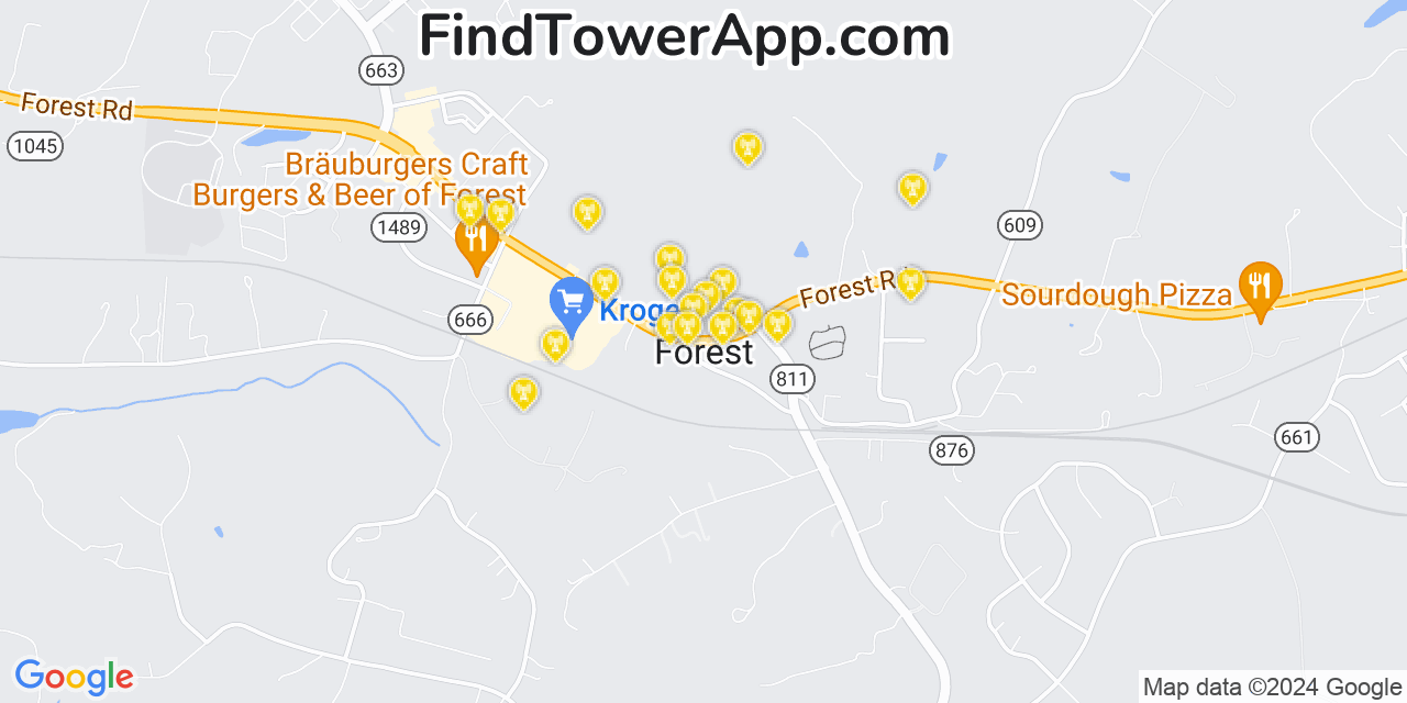 AT&T 4G/5G cell tower coverage map Forest, Virginia
