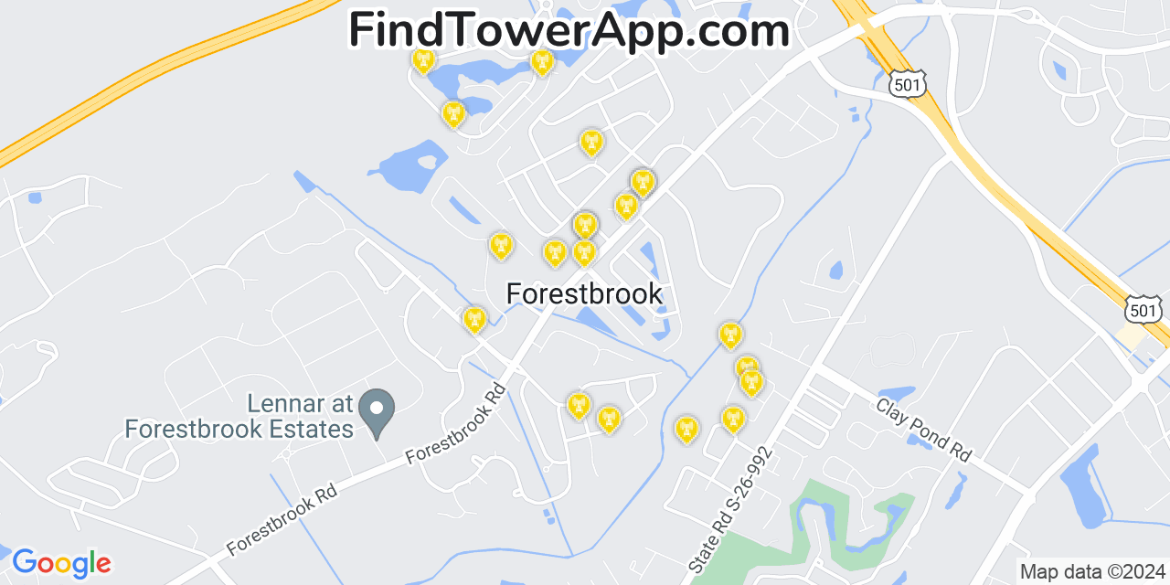 AT&T 4G/5G cell tower coverage map Forestbrook, South Carolina