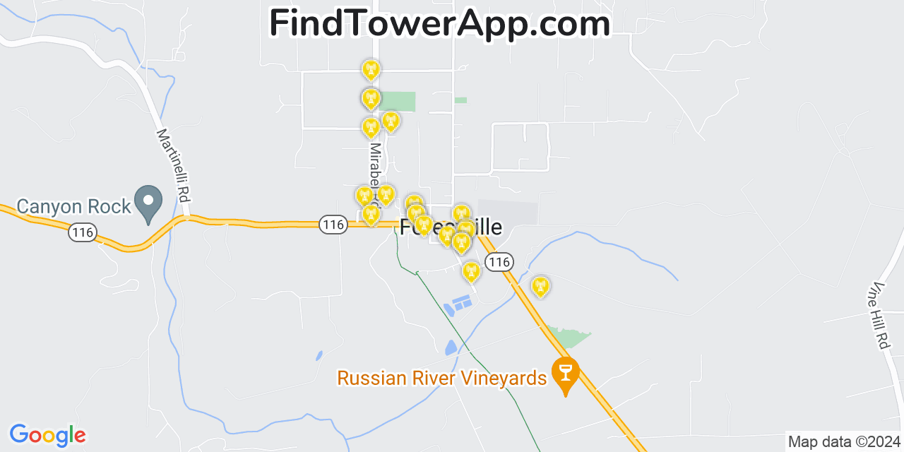 AT&T 4G/5G cell tower coverage map Forestville, California