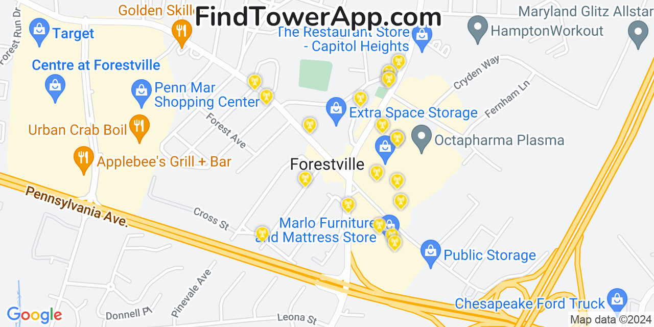 AT&T 4G/5G cell tower coverage map Forestville, Maryland